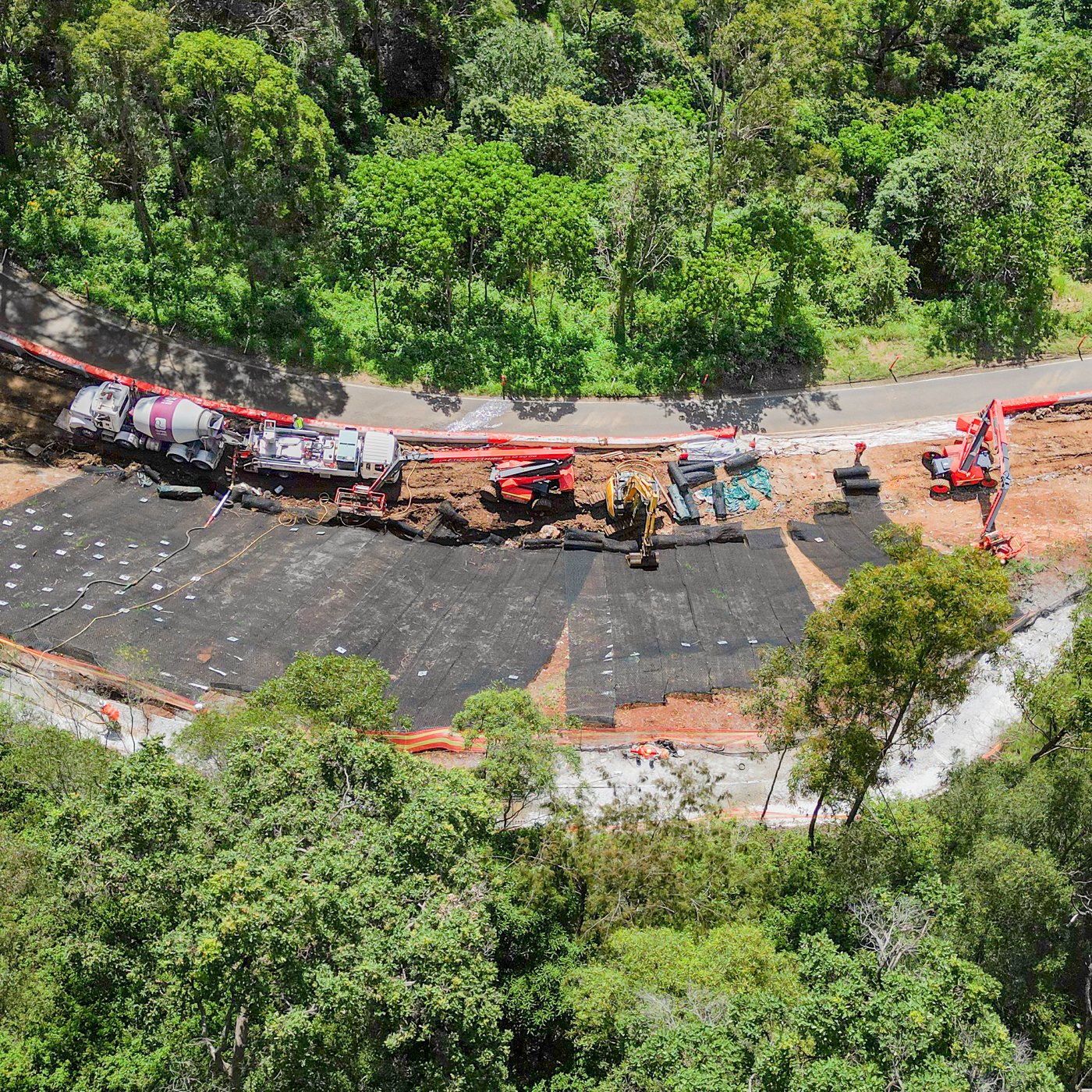 An aerial view of a shotcreted batter alongside a Queensland range road